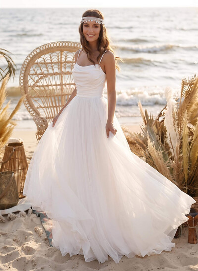 Ball-Gown Scoop Neck Sleeveless Tulle Satin Sweep Train Wedding Dress