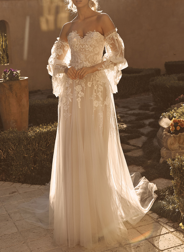 Long Sleeves Lace Sweetheart Wedding Dress With A-Line Sweep Train