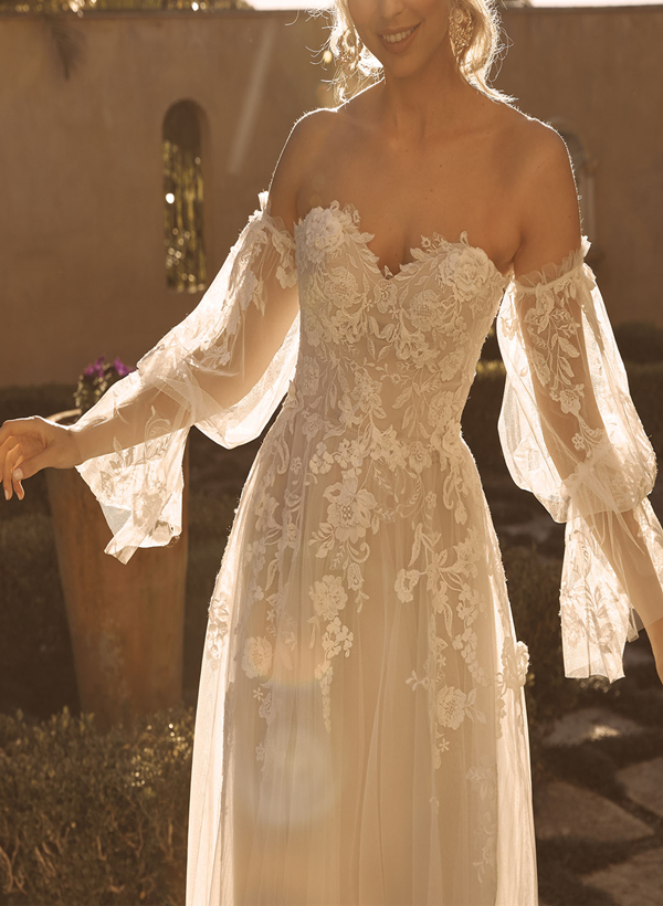 Long Sleeves Lace Sweetheart Wedding Dress With A-Line Sweep Train