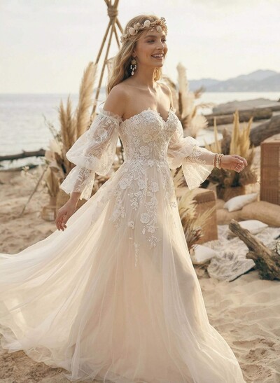 Long Sleeves Lace Sweetheart Wedding Dress With A-Line Sweep Train