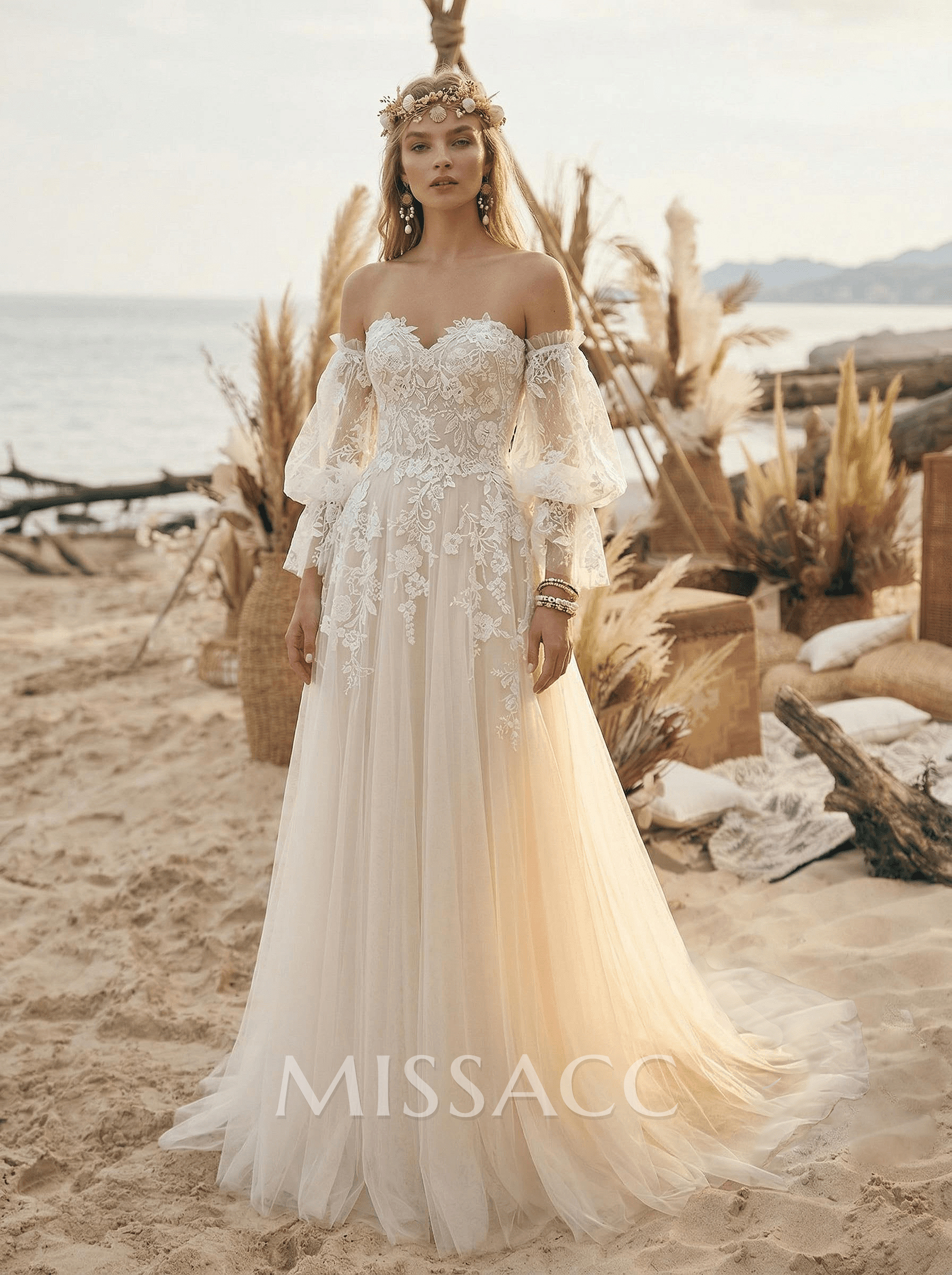 Long Sleeves Lace Sweetheart Wedding Dress With A-Line Sweep Train