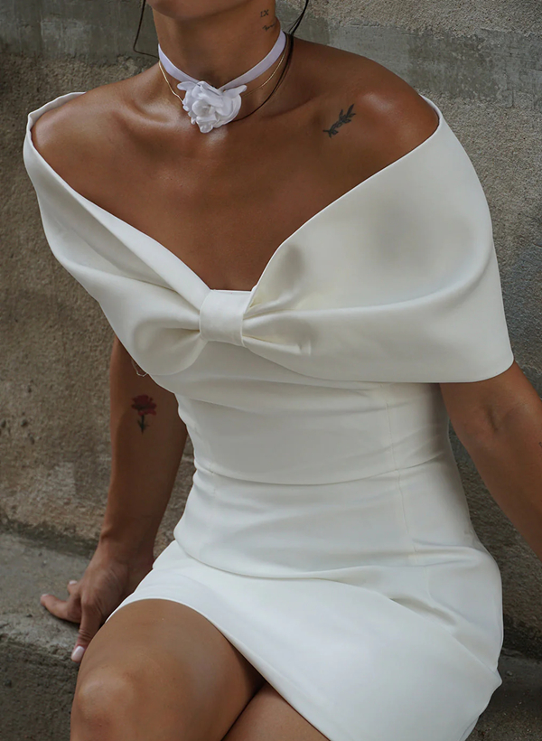 Sheath/Column Off-The-Shoulder Sleeveless Elastic Satin Short/Mini Wedding Dress With Bow(s)