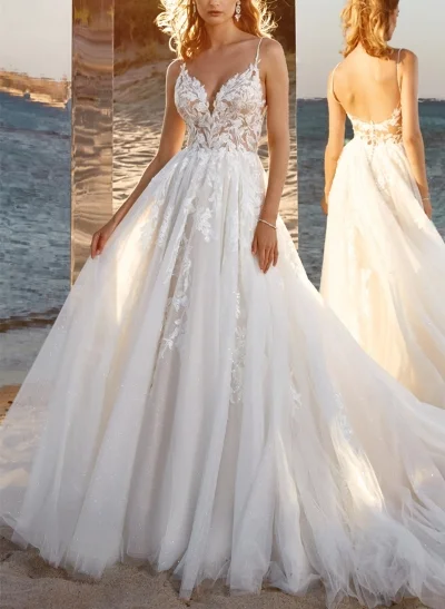 Ball-Gown V-Neck Sleeveless Tulle Court Train Wedding Dress With Appliques Lace
