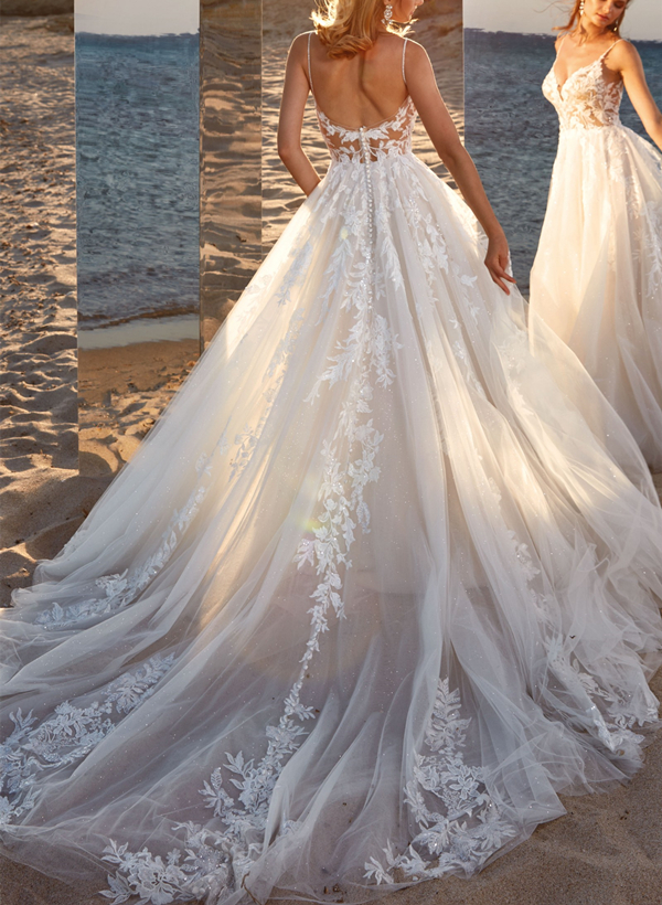 Ball-Gown V-neck Sleeveless Tulle Court Train Wedding Dress With Appliques Lace 