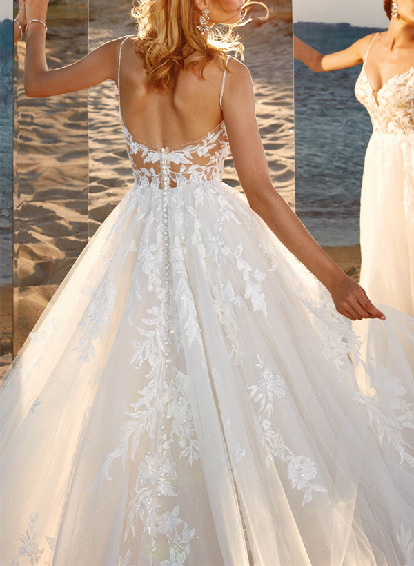 Ball-Gown V-neck Sleeveless Tulle Court Train Wedding Dress With Appliques Lace 