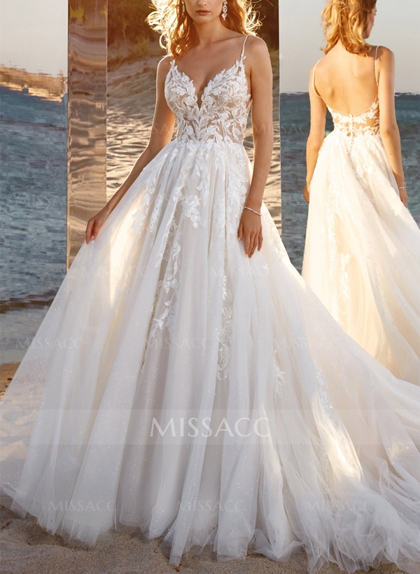 Ball-Gown V-neck Sleeveless Tulle Court Train Wedding Dress With Appliques Lace 