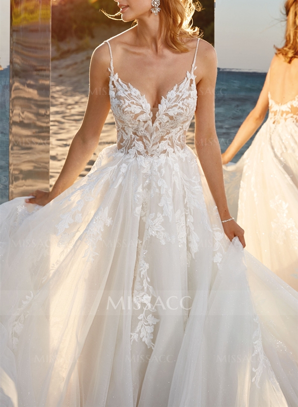 Ball-Gown V-neck Sleeveless Tulle Court Train Wedding Dress With Appliques Lace 