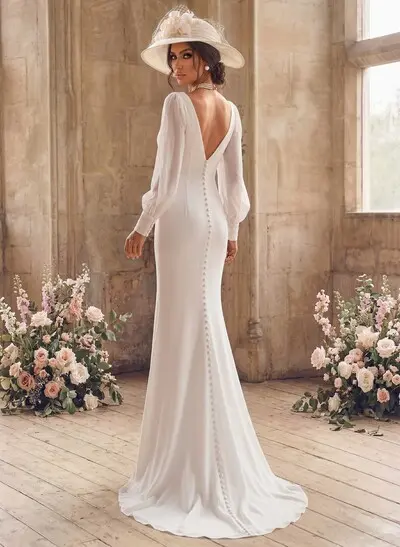 Classic Long Lantern Sleeves V-Neck Ruched Chiffon Wedding Dress With Split Front