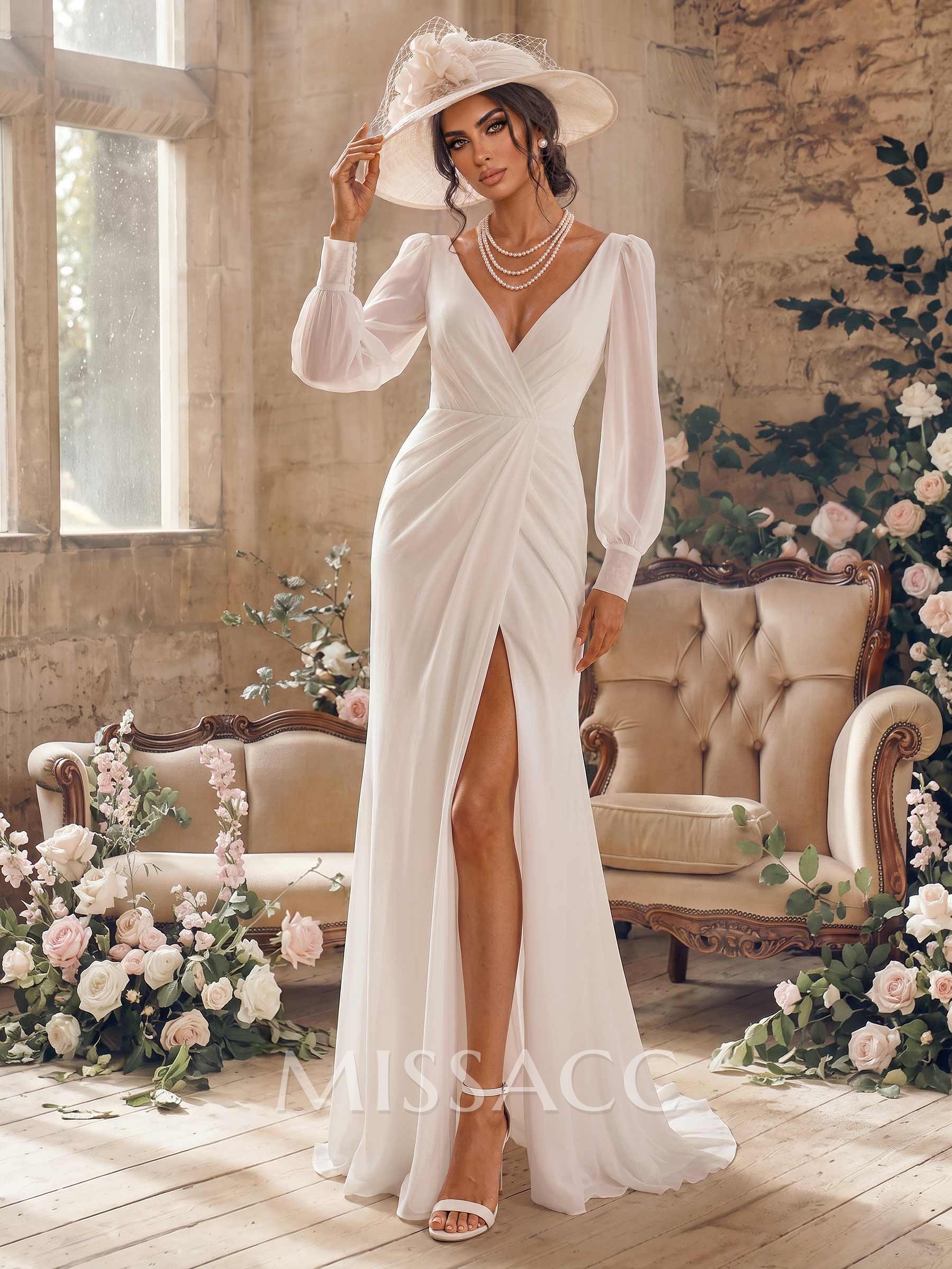 Classic Long Lantern Sleeves V-Neck Ruched Chiffon Wedding Dress With Split Front Classic Long Lantern Sleeves V-Neck Ruched Chiffon Wedding Dress With Split Front
