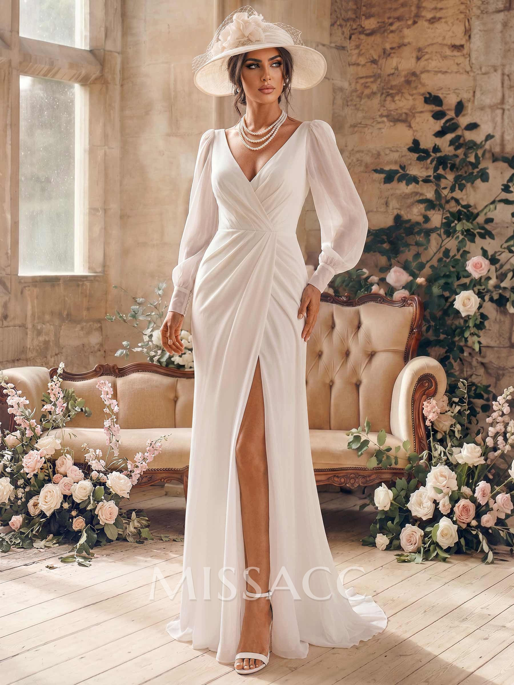 Classic Long Lantern Sleeves V-Neck Ruched Chiffon Wedding Dress With Split Front Classic Long Lantern Sleeves V-Neck Ruched Chiffon Wedding Dress With Split Front