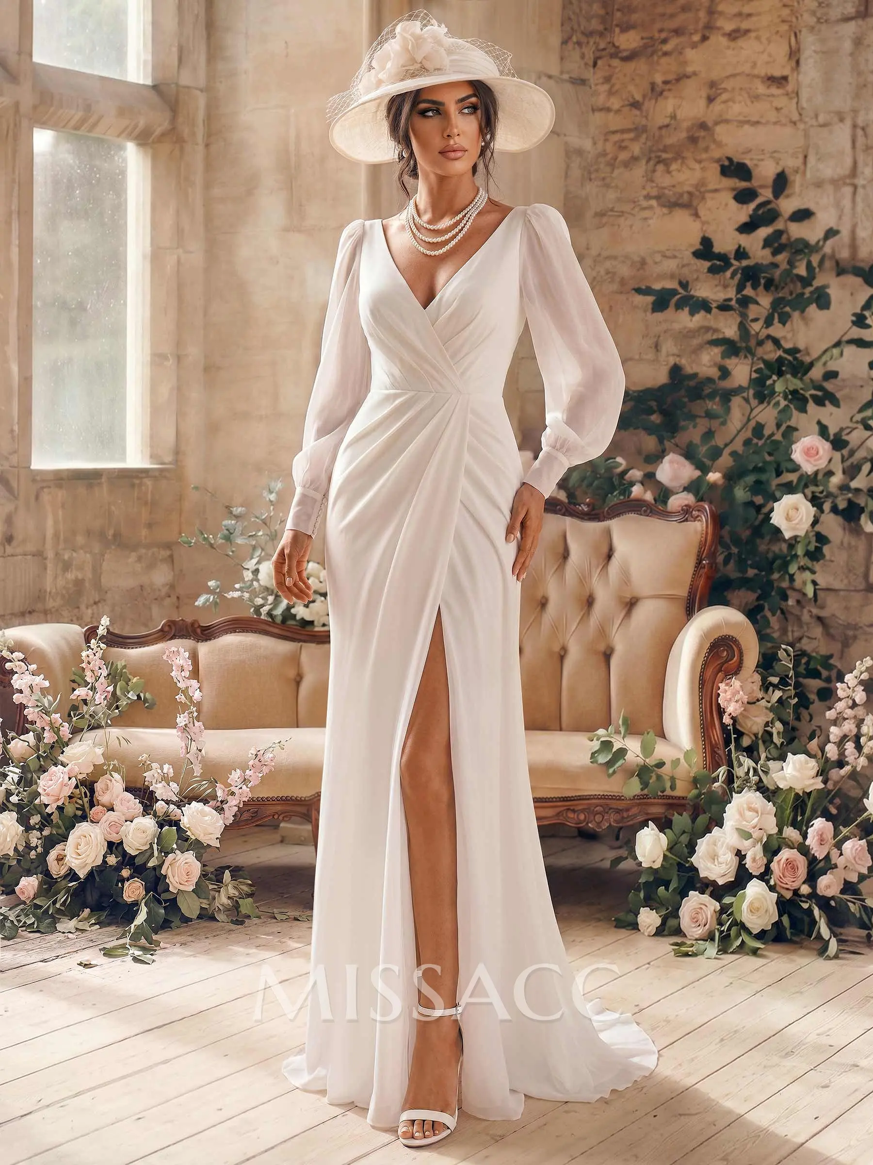 classic long sleeve wedding dresses Classy Satin Dress With Sleeves Elizabeth Made to Order / White / 10 US (42 EU) lace and embroidery Classic Ivory Lace High Neck