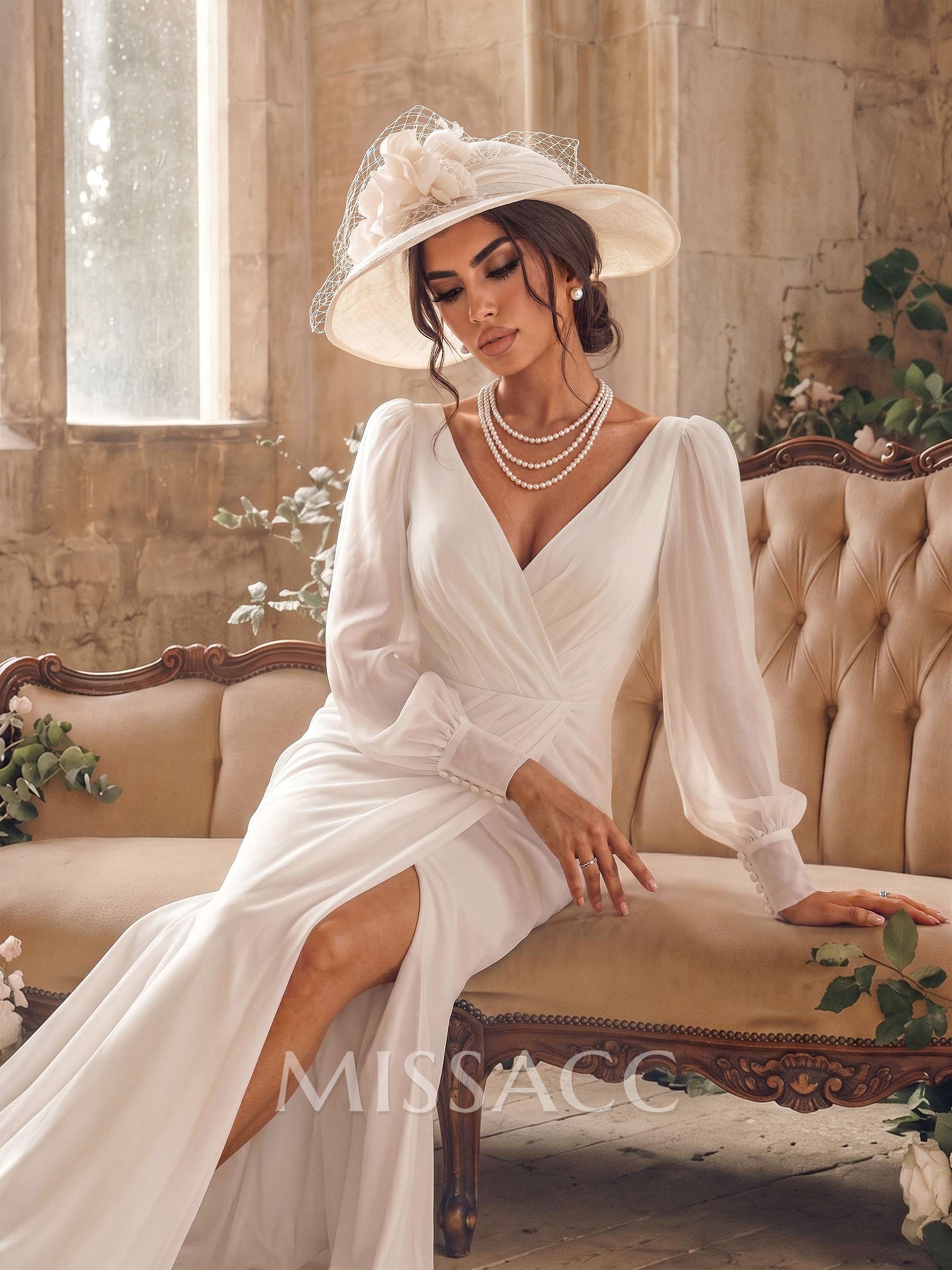 Classic Long Lantern Sleeves V-Neck Ruched Chiffon Wedding Dress With Split Front Classic Long Lantern Sleeves V-Neck Ruched Chiffon Wedding Dress With Split Front