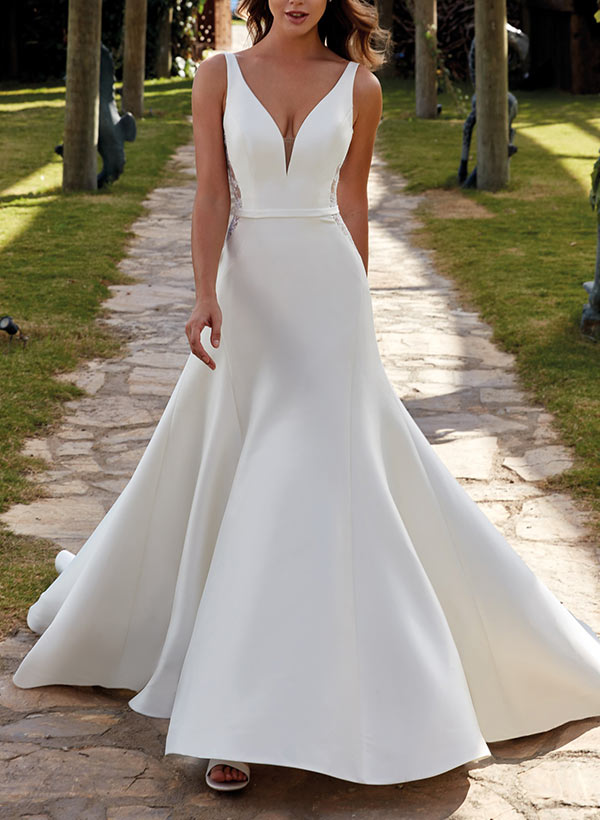 A-Line V-Neck Sweep Train Satin Wedding Dress With Lace
