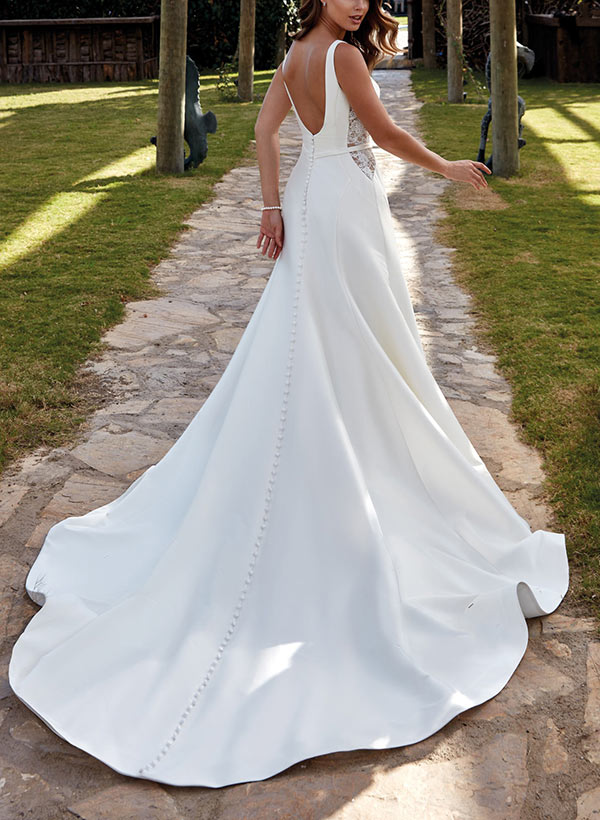 A-Line V-Neck Sweep Train Satin Wedding Dress With Lace