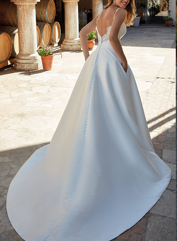 Ball-Gown/Princess V-Neck Sweep Train Satin Wedding Dress With Lace