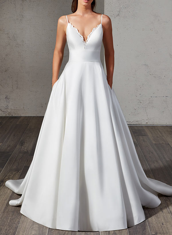 Ball-Gown/Princess V-Neck Sweep Train Satin Wedding Dress With Lace