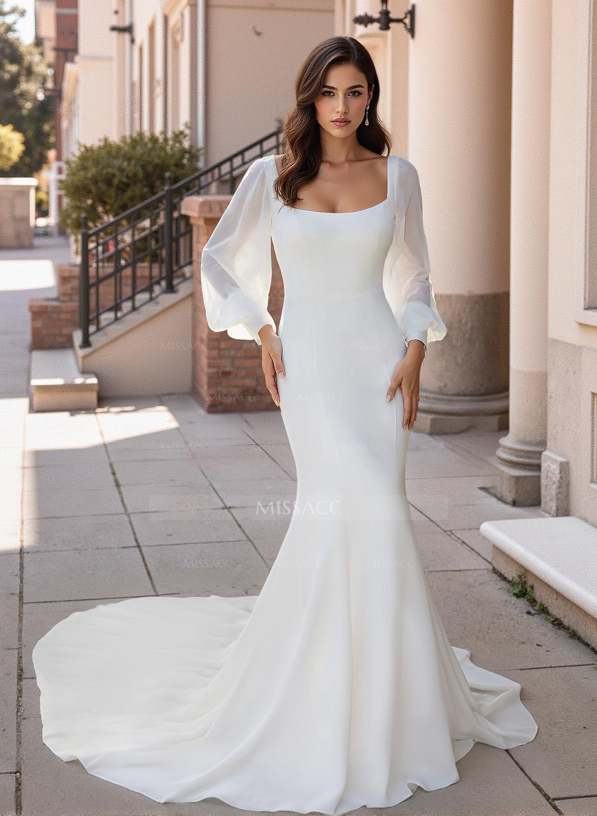 Trumpet/Mermaid Square Neckline Long Sleeve Sweep Train Wedding Dress