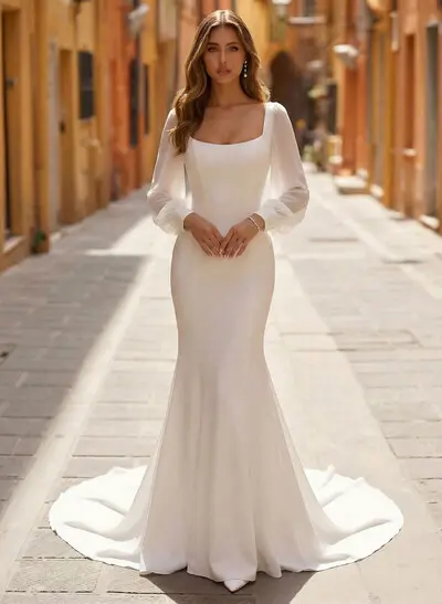 Trumpet/Mermaid Square Neckline Long Sleeves Chapel Train Chiffon/Satin Wedding Dresses