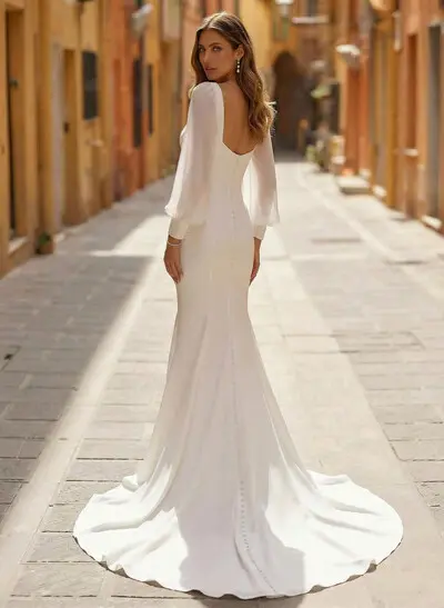 Trumpet/Mermaid Square Neckline Long Sleeves Chapel Train Chiffon/Satin Wedding Dresses