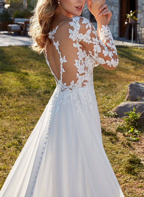 A-Line V-Neck Court Train Lace Wedding Dress