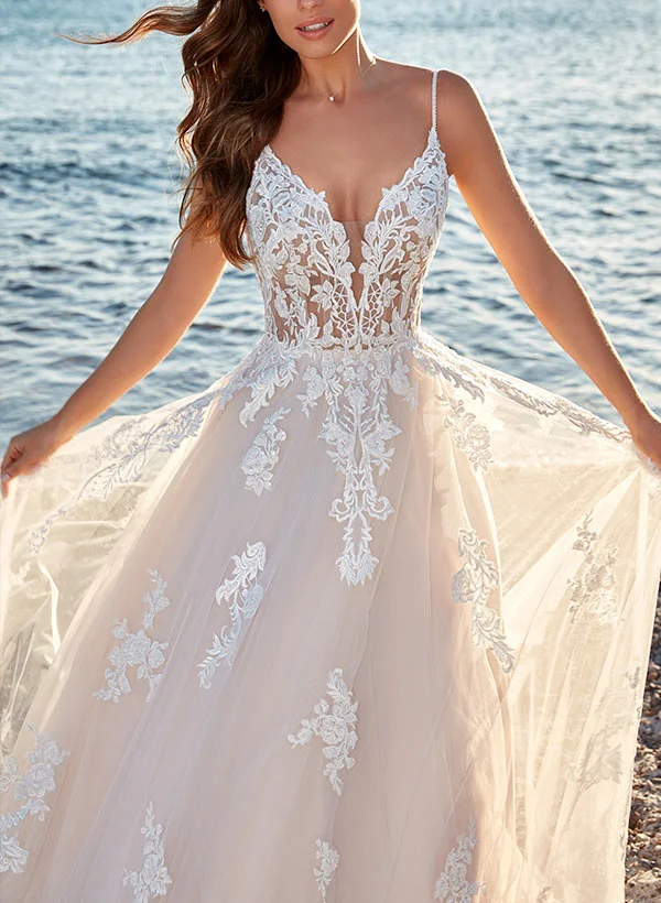 A-Line V-Neck Sweep Train Tulle Wedding Dress - Missacc France