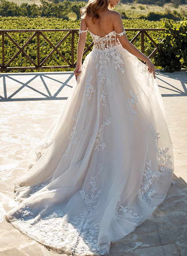 A-Line Sweetheart Sweep Train Lace Wedding Dress 
