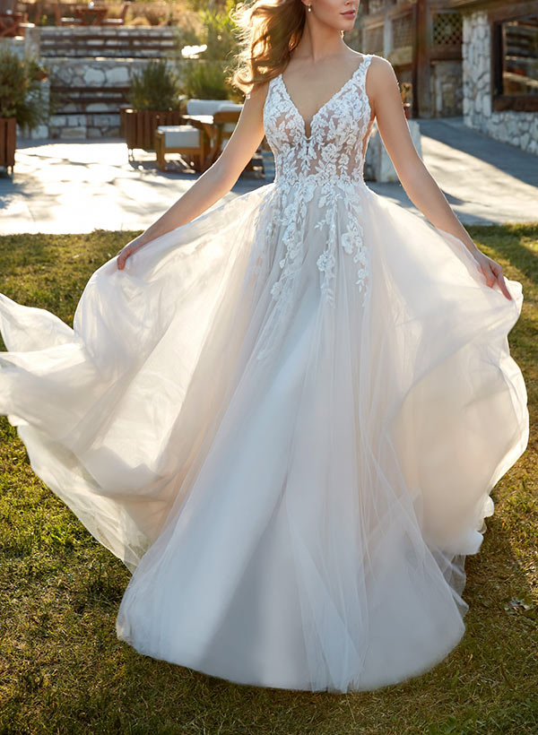 A-Line V-Neck Sweep Train Tulle Wedding Dress With Lace