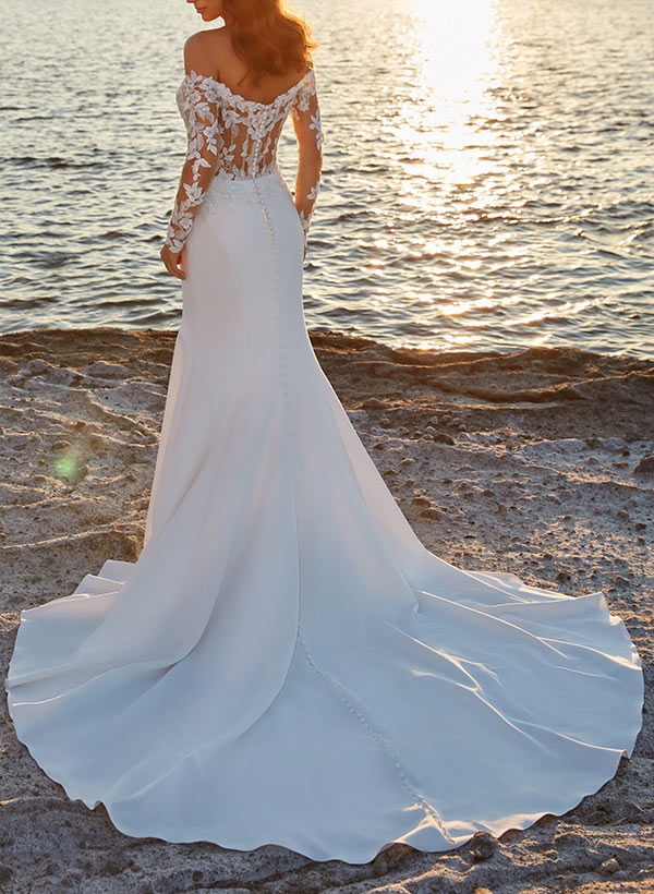 Trumpet/Mermaid Off-the-Shoulder Sweep Train Wedding Dress With Lace