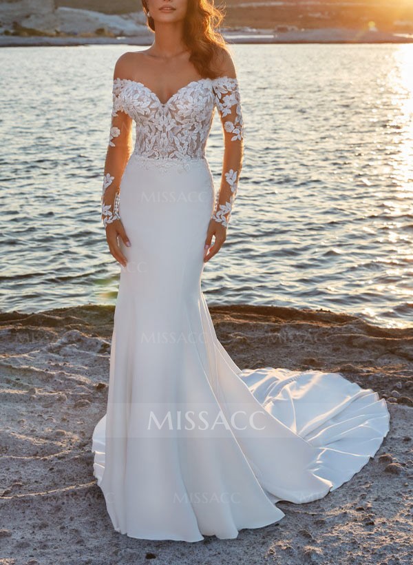 Trumpet/Mermaid Off-The-Shoulder Sweep Train Wedding Dress With Lace