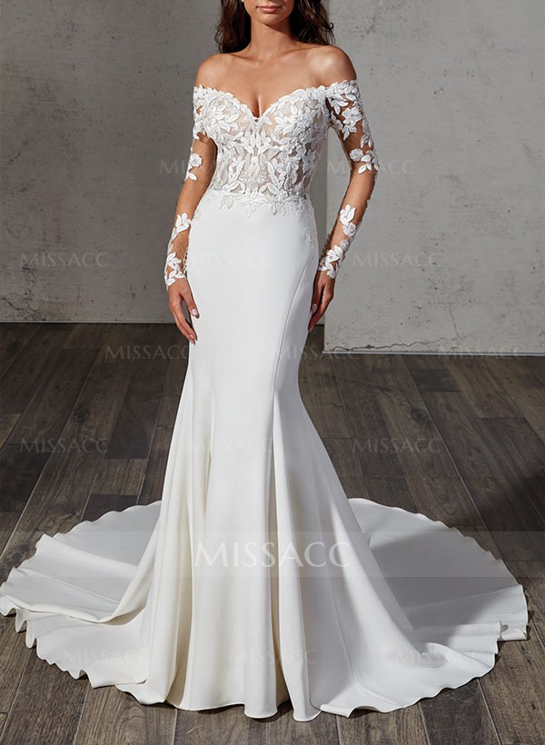 Trumpet/Mermaid Off-The-Shoulder Sweep Train Wedding Dress With Lace