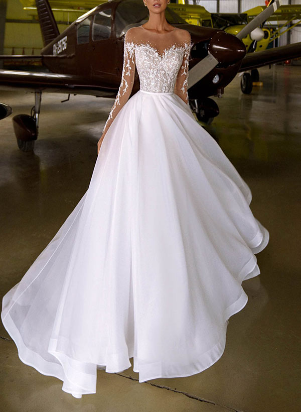 A-Line Illusion Neck Sweep Train Wedding Dress With Beading Appliques Lace