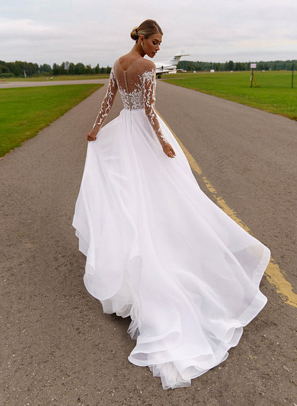 A-Line Illusion Neck Sweep Train Wedding Dress With Beading Appliques Lace