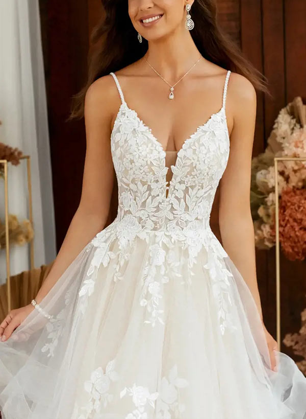 A-Line V-Neck Sweep Train Tulle Wedding Dress With Appliques Lace