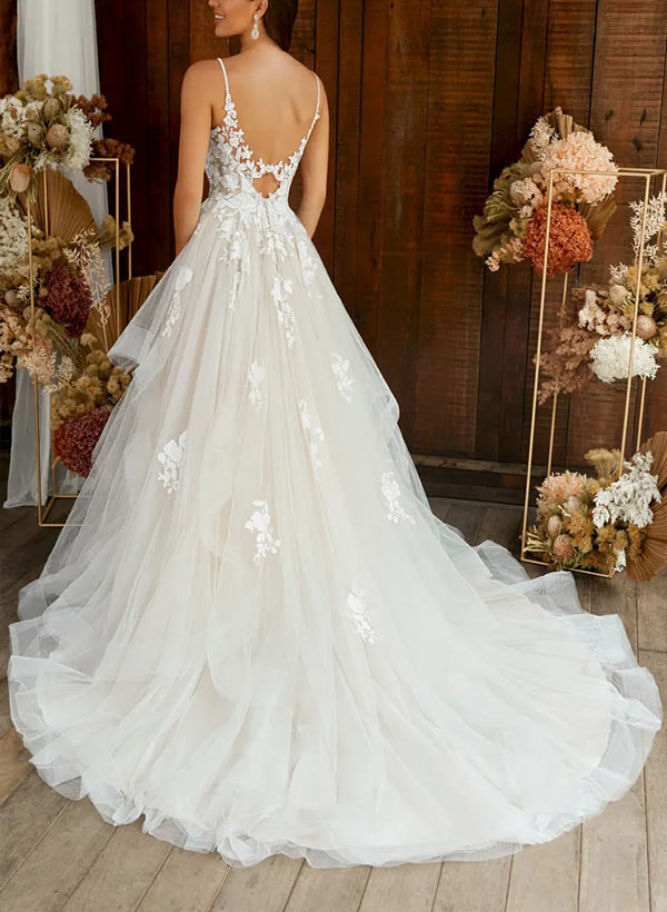 A-Line V-Neck Sweep Train Tulle Wedding Dress With Appliques Lace