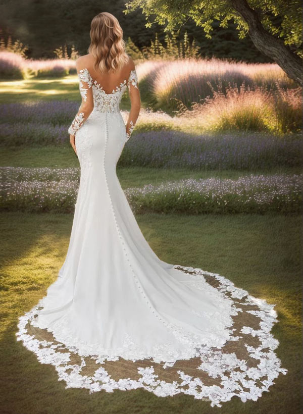 Trumpet/Mermaid Sweetheart Sweep Train Elastic Satin Wedding Dress With Appliques Lace