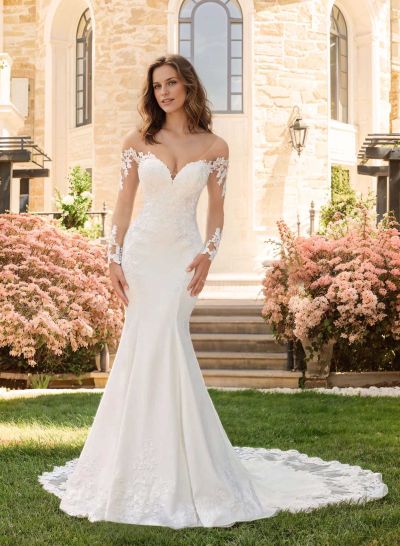 Trumpet/Mermaid Sweetheart Sweep Train Elastic Satin Wedding Dress With Appliques Lace