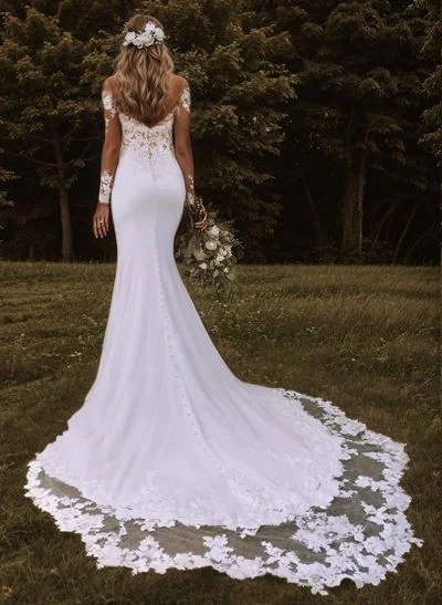 Trumpet/Mermaid Sweetheart Cathedral Train Elastic Satin Wedding Dress With Appliques Lace