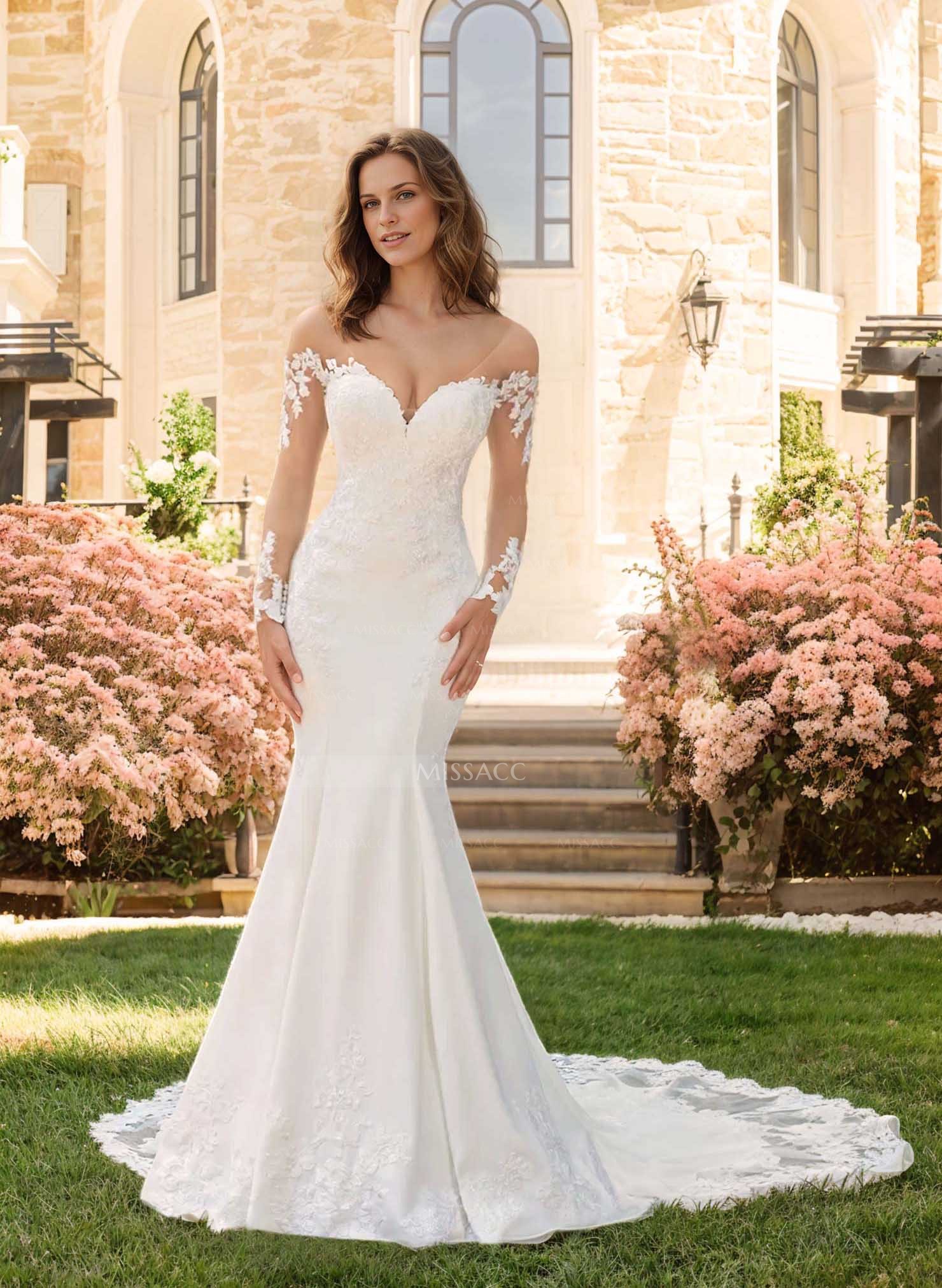 Trumpet/Mermaid Sweetheart Sweep Train Elastic Satin Wedding Dress With Appliques Lace