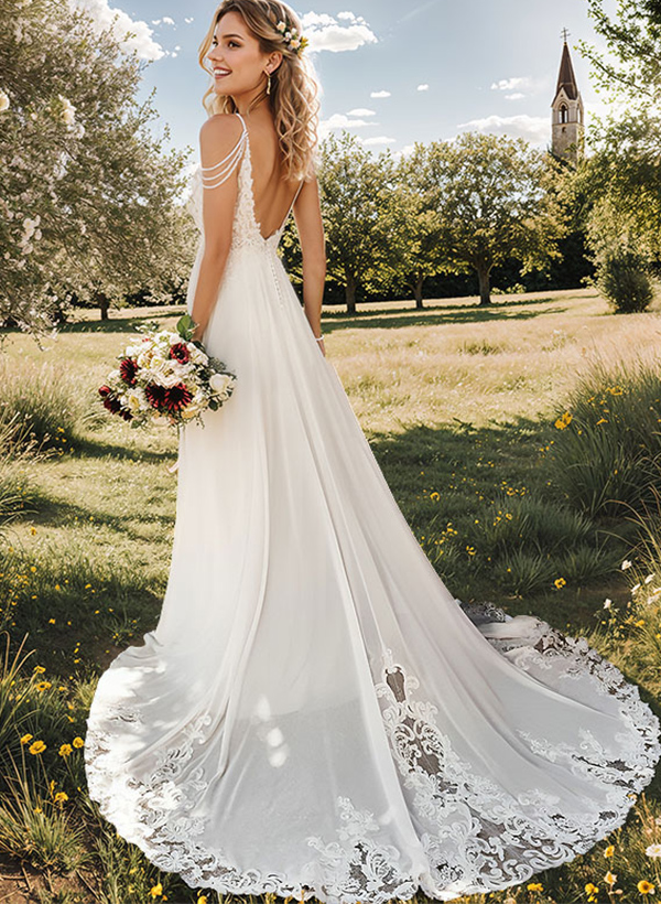 A-Line V-Neck Sweep Train Wedding Dress With Lace Split Front