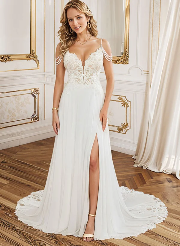 chinese dress ladies Chiffon A-line V-neck Side Slit Long Sleeves Wedding Dress with Flowers  Appliques, SW284 – Simidress main image 0