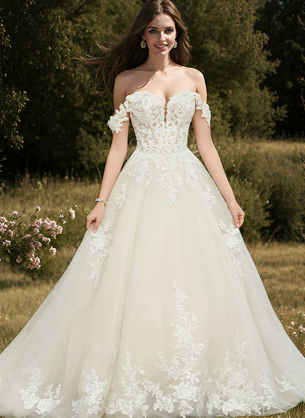 Ball-Gown/Princess Sweetheart Sweep Train Tulle Wedding Dress With Appliques Lace