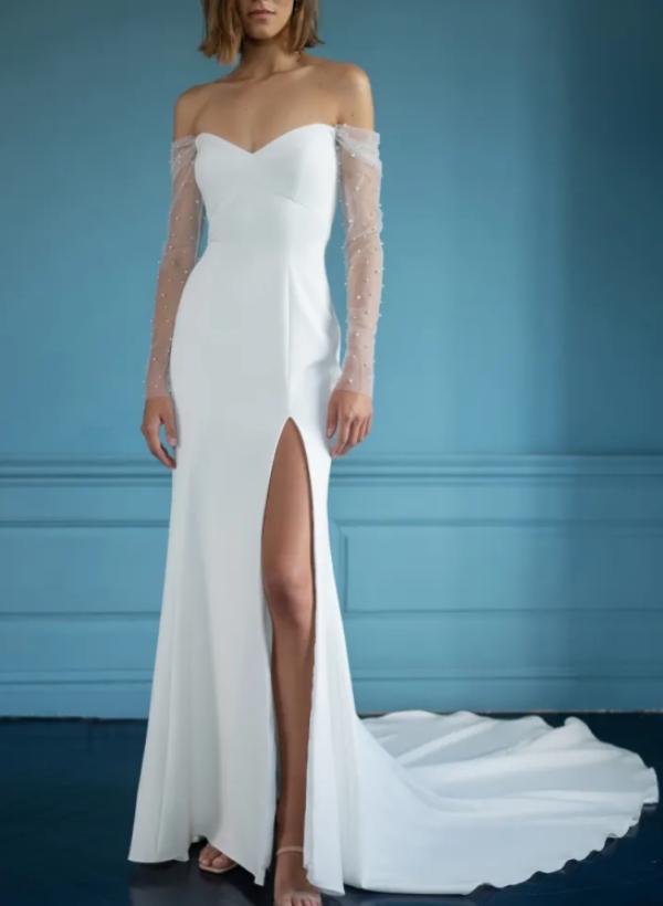 Trumpet/Mermaid Off-the-Shoulder Long Sleeves Pearl Elastic Satin Sweep Train Wedding Dress 