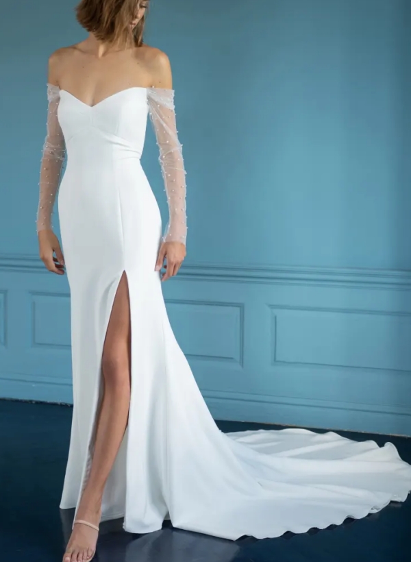 Trumpet/Mermaid Off-the-Shoulder Long Sleeves Pearl Elastic Satin Sweep Train Wedding Dress 
