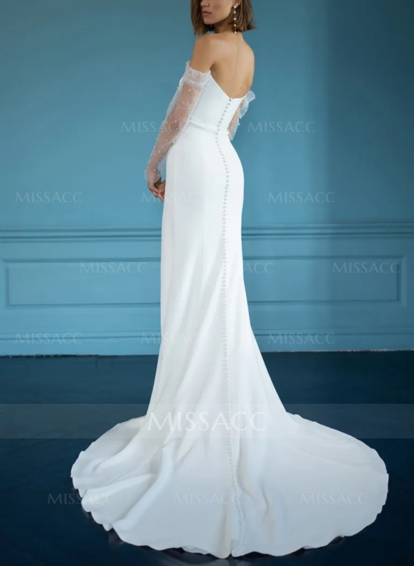 Trumpet/Mermaid Off-the-Shoulder Long Sleeves Pearl Elastic Satin Sweep Train Wedding Dress 