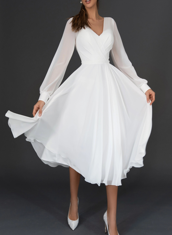 Long Sleeves Tea-Length A-Line Wedding Dress With Chiffon V-Neck