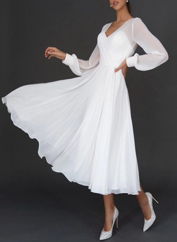 Long Sleeves Tea-Length A-Line Wedding Dress With Chiffon V-Neck