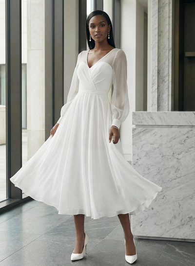 Long Sleeves Tea-Length A-Line Wedding Dress With Chiffon V-Neck