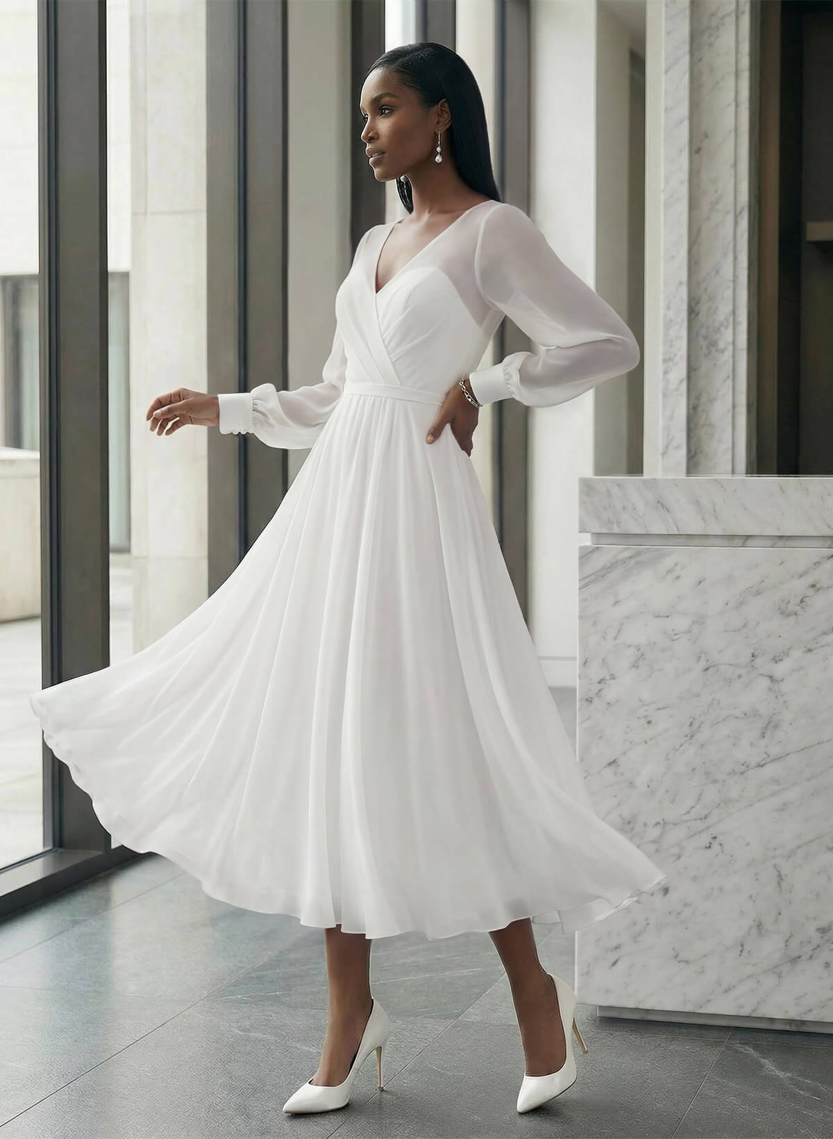 Long Sleeves Tea-Length A-Line Wedding Dress With Chiffon V-Neck