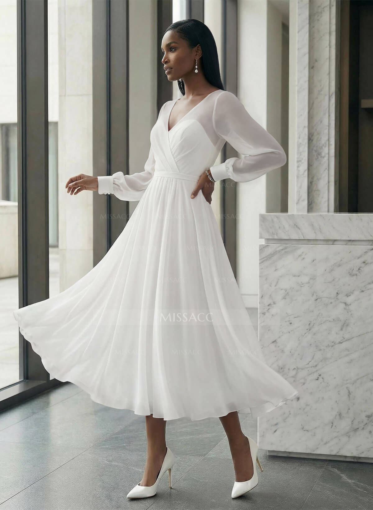 Long Sleeves Tea-Length A-Line Wedding Dress With Chiffon V-Neck