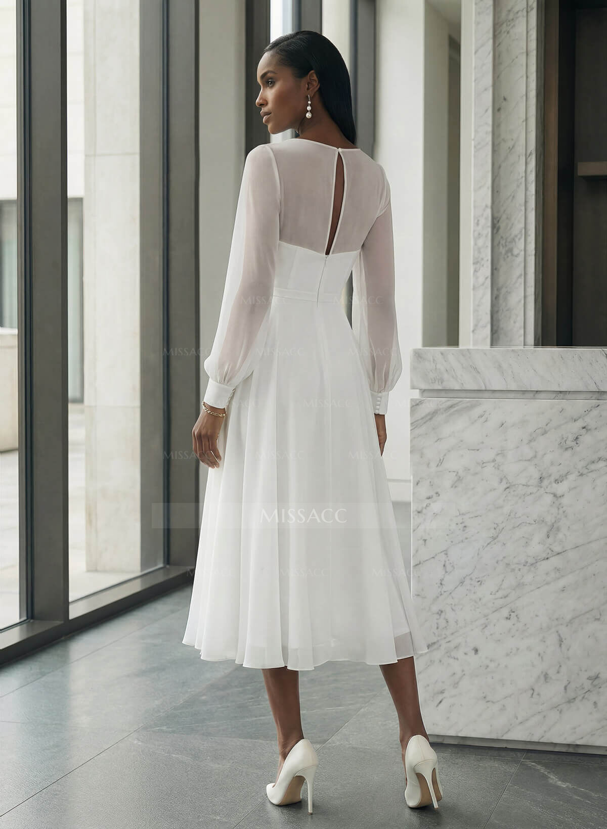 Long Sleeves Tea-Length A-Line Wedding Dress With Chiffon V-Neck